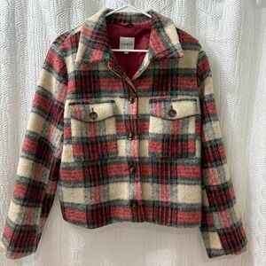 Cyrus Plaid Crop Coat Women's Size L Red Cabincore Button Front